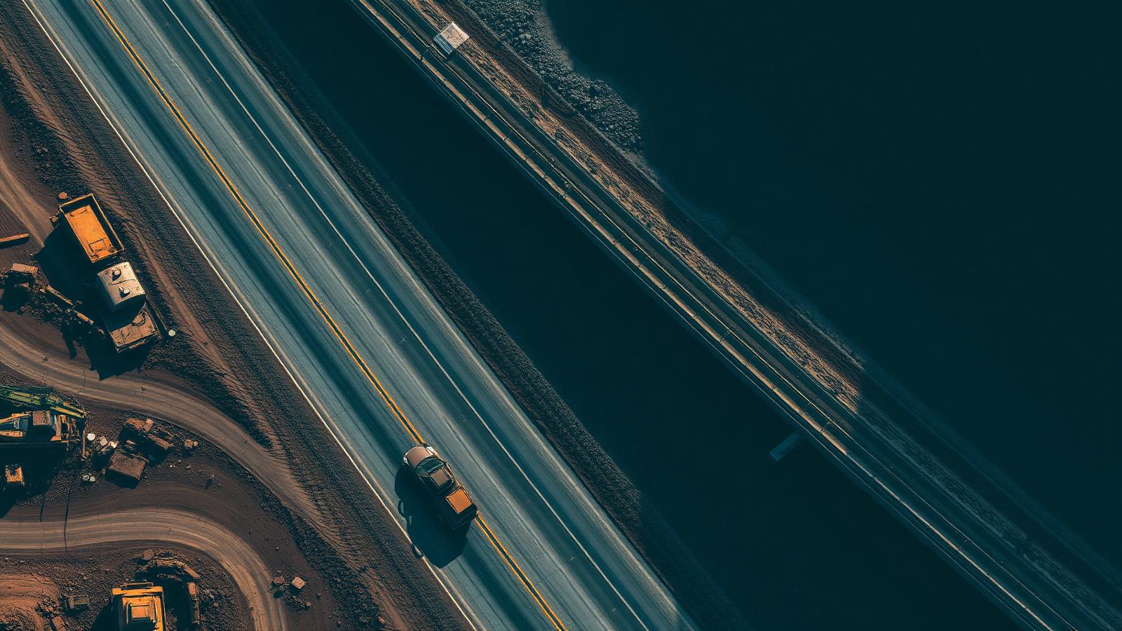 Aerial view of highway construction with dump trucks