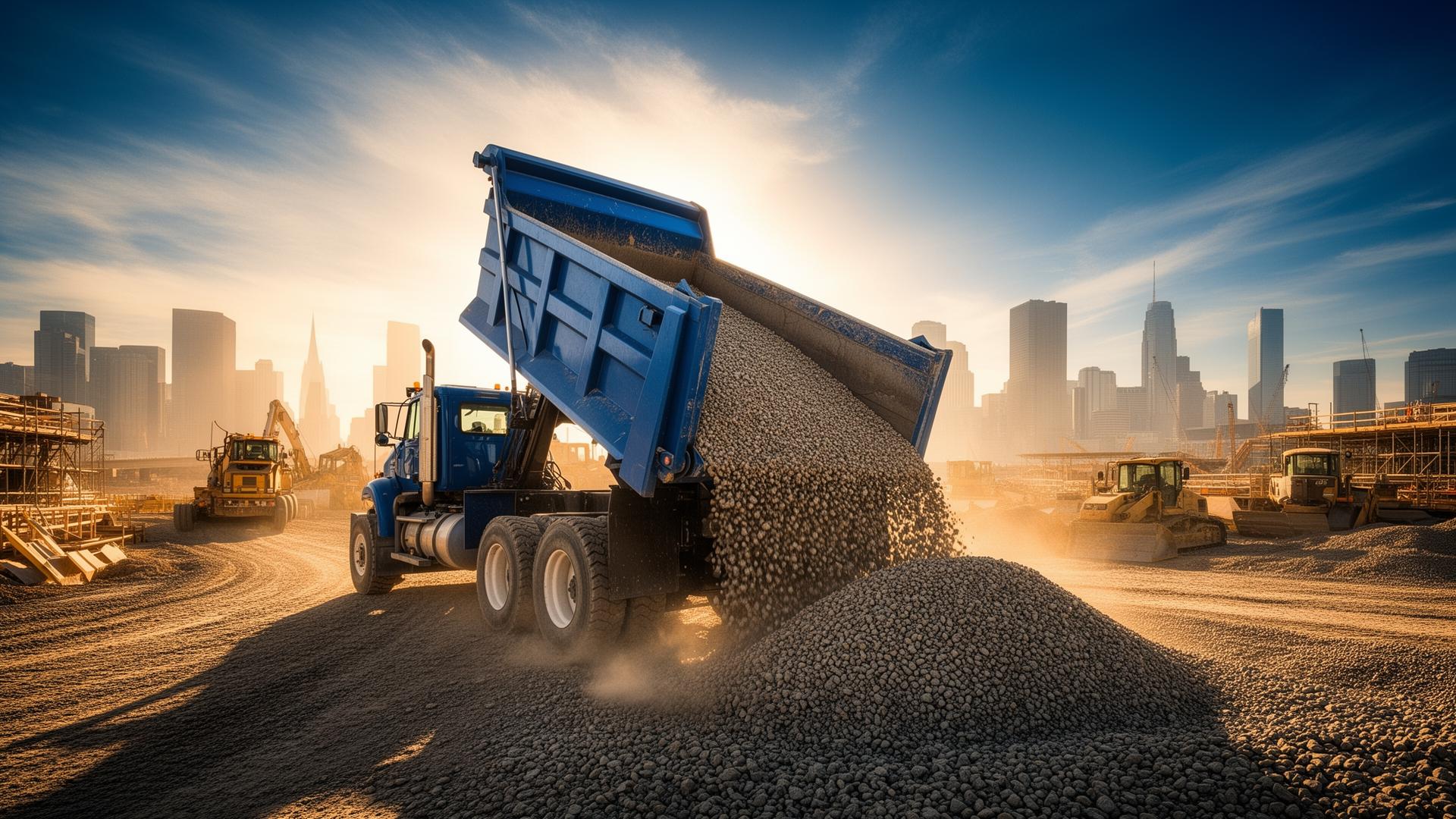Blue dump truck unloading aggregate at a city construction jobsite
